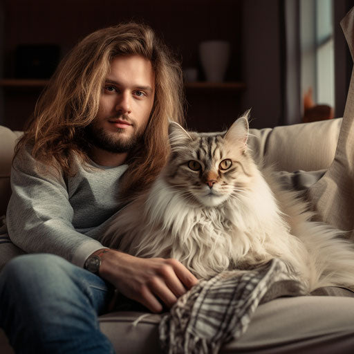 A Siberian cat laying on a couch with the owner