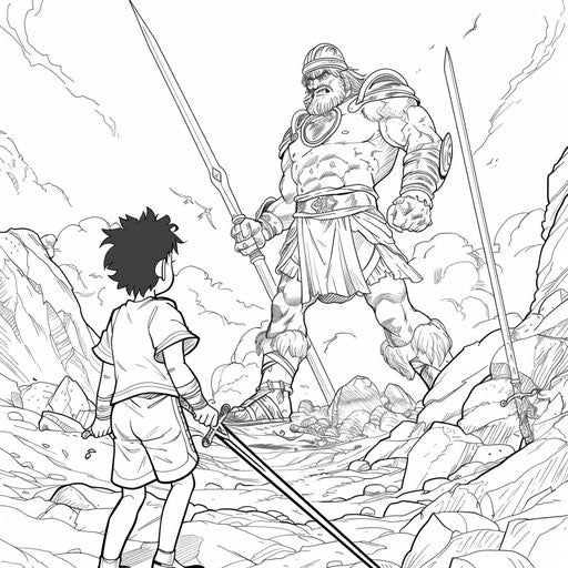 David and Goliath with heroic expressions, in the style of Mamoru Hosoda, coloring book page