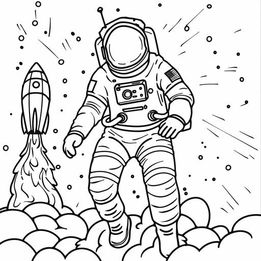 Astronaut with rocket blasting off