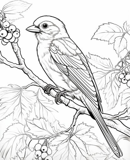 Bird on branch coloring page, strong contrast, sharp inking