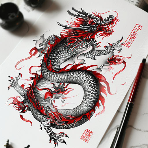 Chinese dragon tattoo, red and black ink on white background