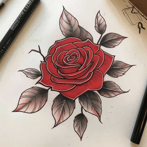 Classic tattoo sketch of a red rose with traditional bold outlines and deep red shades