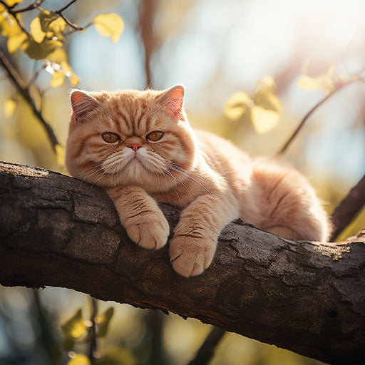 Exotic Shorthair cat lying on a tree branch