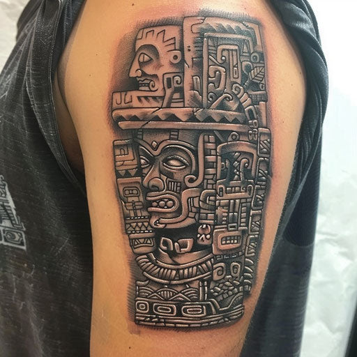 Mayan-inspired UFO tattoo with ancient symbols and tribal art