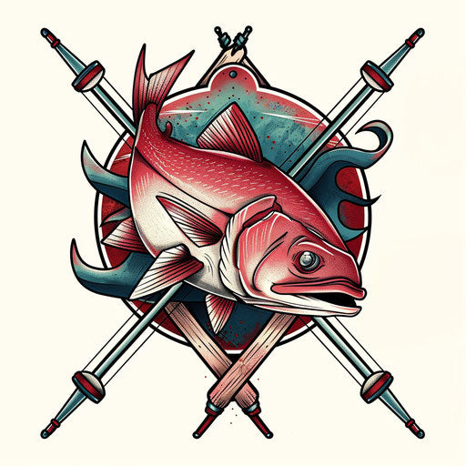 Bold and graphic tattoo illustration of a fishing badge