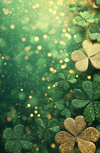 3D green and gold shamrocks, glitter background, St. Patrick's theme