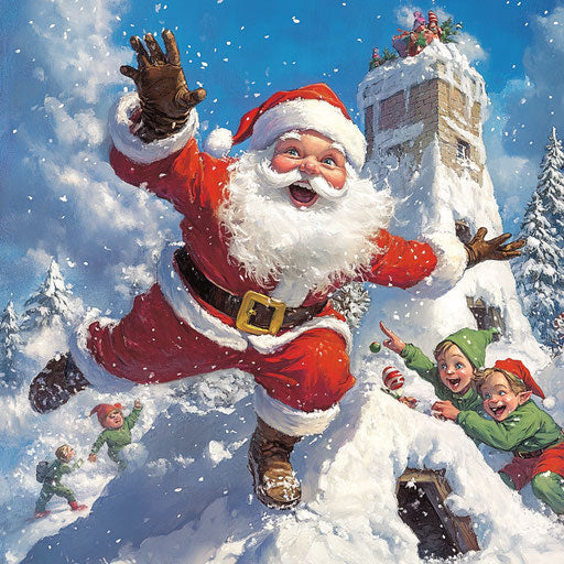 Santa Claus and elves in playful snowball fight