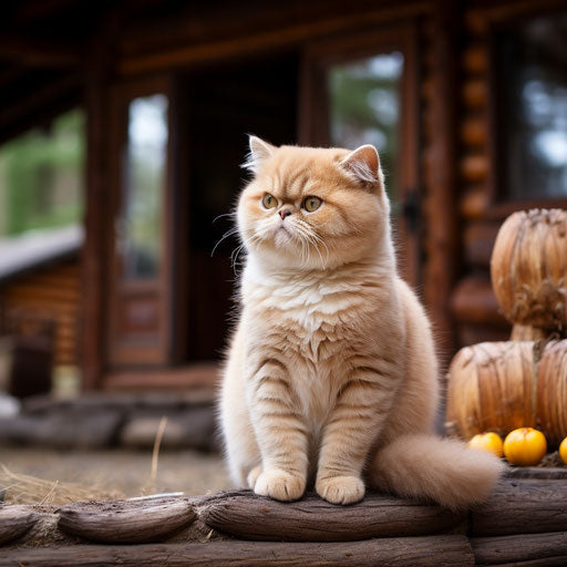 Exotic shorthair cat sitting in front of a log cabin