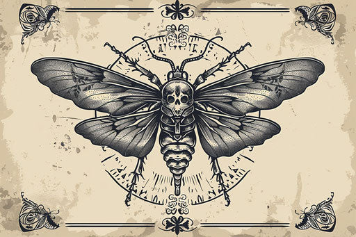 Black and white tattoo of insect with wings in skull motif style