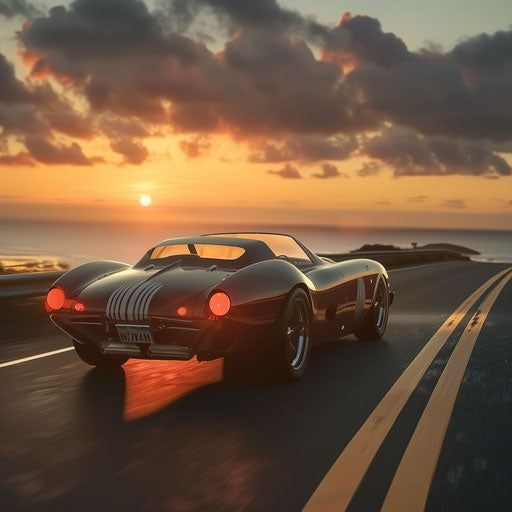 Sleek roadster cruising along coastal highway at sunset