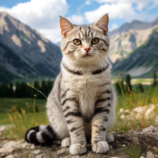 American shorthair cat in front of mountain scenery