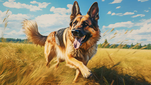 German shepherd dog running in grass field