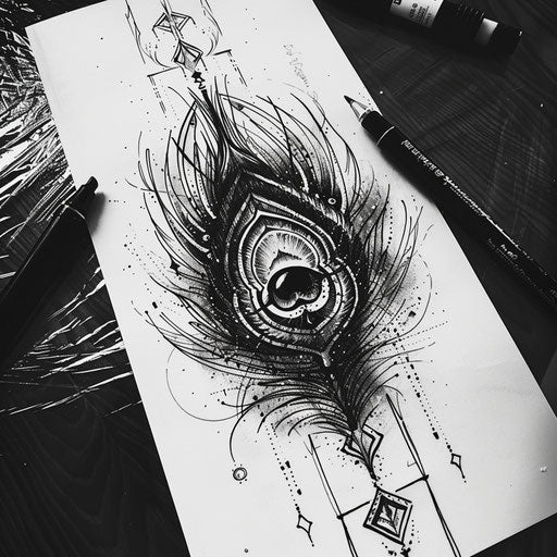Dark toned sketch of gothic peacock feather tattoo with architectural elements