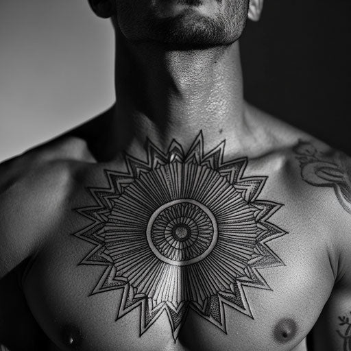 Mandala tattoo men with bold black and grey lines forming a sunburst design