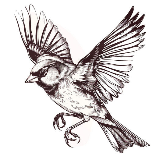 Vintage sparrow tattoo with bold outlines and classic shading, designed as if printed on white paper