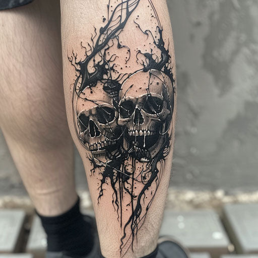 Couples tattoo with gothic, intertwined skulls symbolizing eternal love, in the style of Gerald Brom