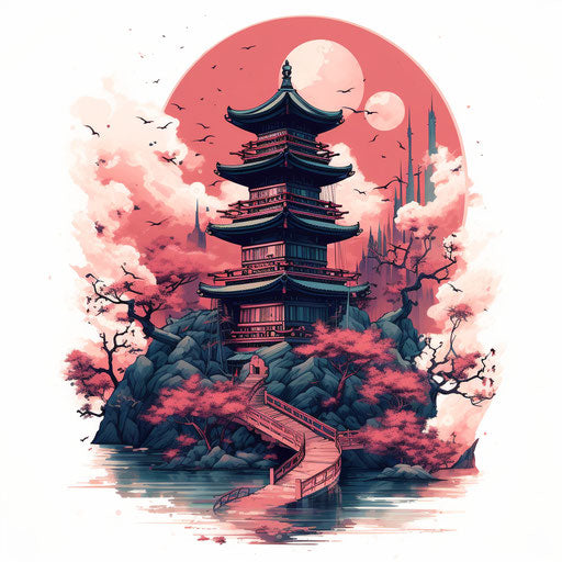 Japanese Pagoda Art Print, Tattoo-Inspired Style, Dark White and Dark Red Fictional Landscapes, 2D Game Art, Flowing Brushwork, Natural Scenery, Anime Art