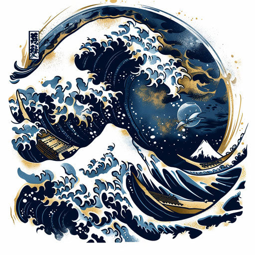 Stylized tattoo sketch of a Japanese wave in clipart with metallic gold accents and dark blues