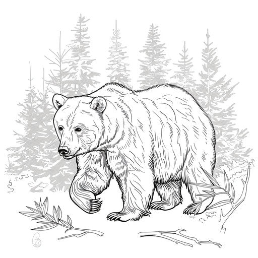 Silhouette of a brown bear walking in the forest.