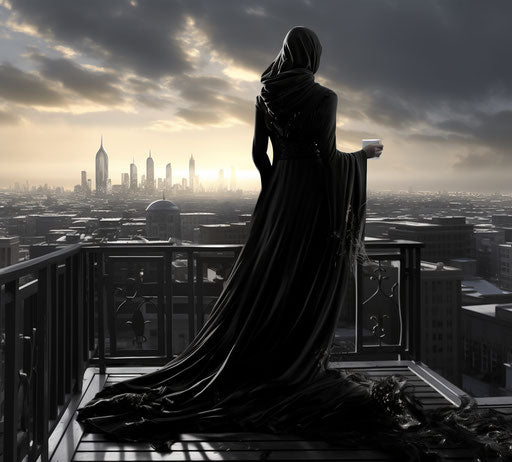 Lady on rooftop, Islamic calligraphy style, animated GIFs