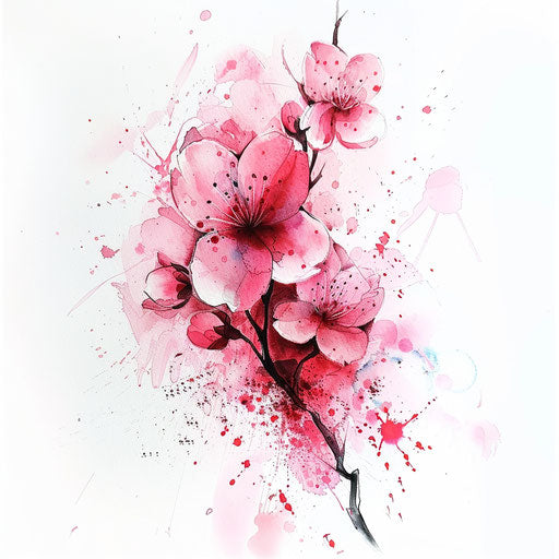 Ethereal cherry blossom tattoo with watercolor splashes