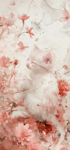 White kitten among flowers in colorful ink wash painting style