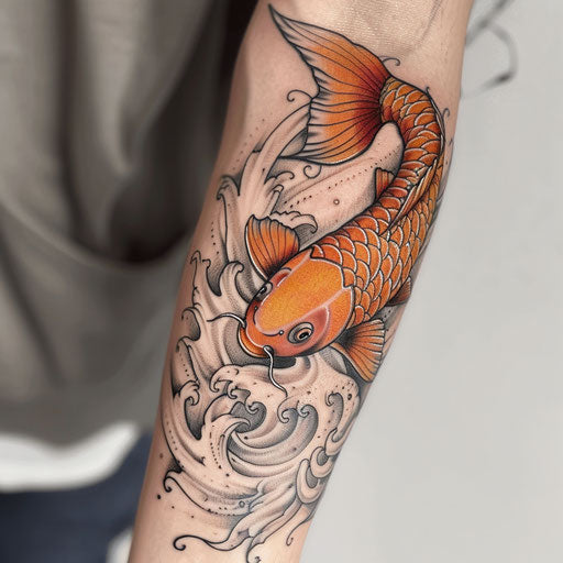 A neo-traditional tattoo of a koi fish swimming upstream, scales glittering in oranges and whites, on a clean white background.