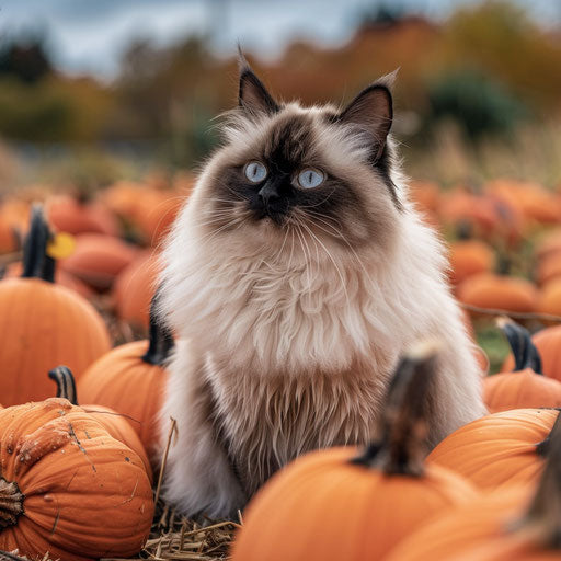 Himalayan cat sitting in a pumpkin patch, looking charming