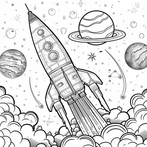 Whimsical rocket ship blasting off into space