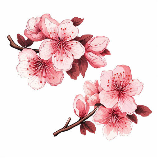 Two cherry blossom flowers drawn on white background, vintage style
