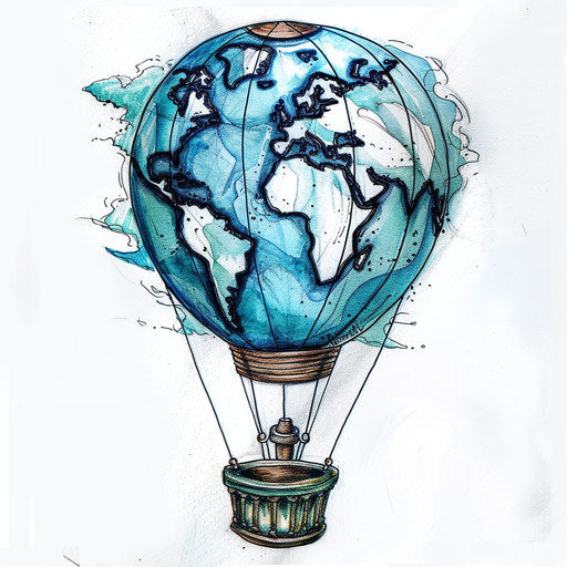 Whimsical globe hot air balloon sketch, pastel blues and whites