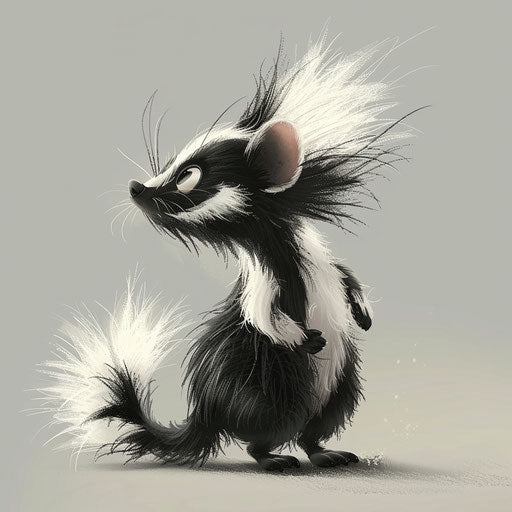 A skunk with its tail raised in a playful stance