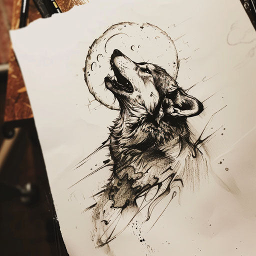 Bold and expressive flat tattoo sketch with a husky howling at the moon