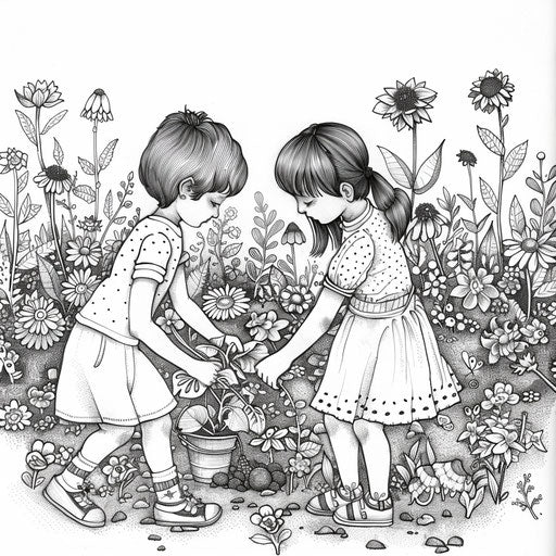Children planting flowers in a garden coloring book page
