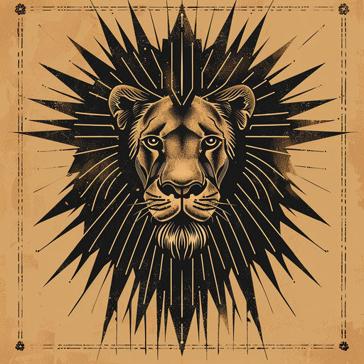 Art Deco inspired tattoo sketch of the Lion of Judah in metallic gold and black