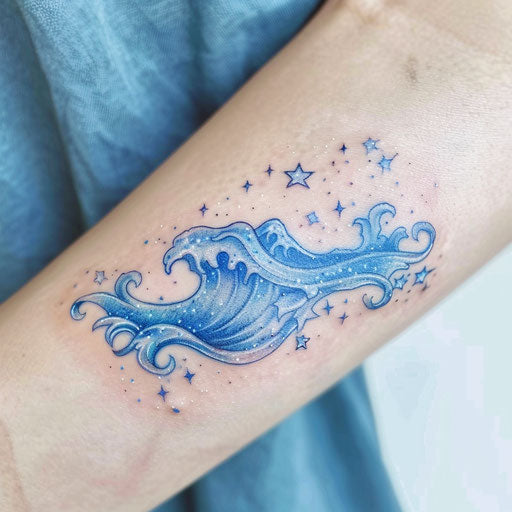 Fantasy-themed Aquarius constellation tattoo with waves and stars