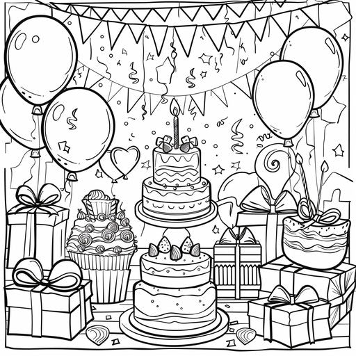 Cheerful birthday party with balloons, cake, and presents