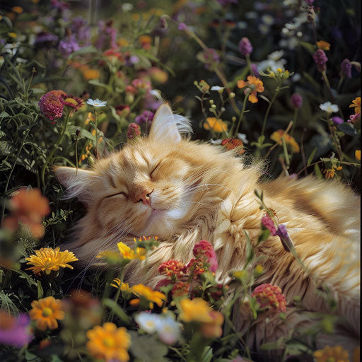 Chubby cat in a flower bed with beautiful flowers
