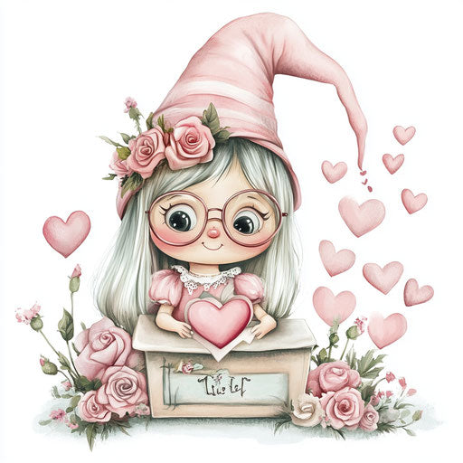 Sweet Valentine gnome girl with roses, heart, glasses, on white background