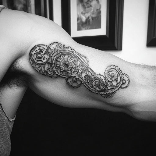 Tricep tattoo of an intricate clockwork mechanism