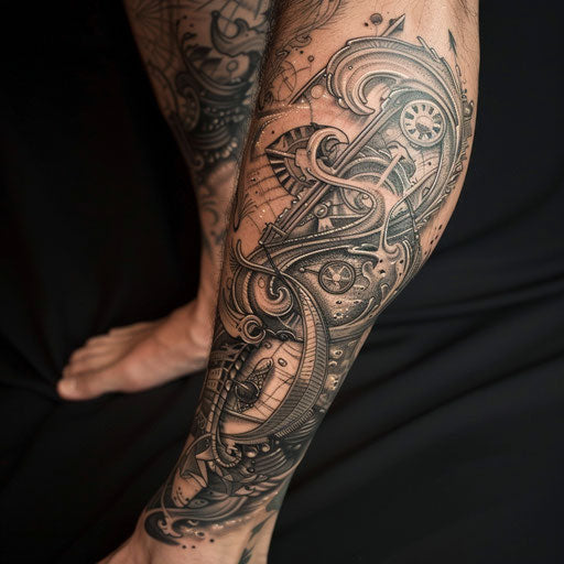 Biomechanical tattoo with sailor motifs, in the style of Sailor Jerry