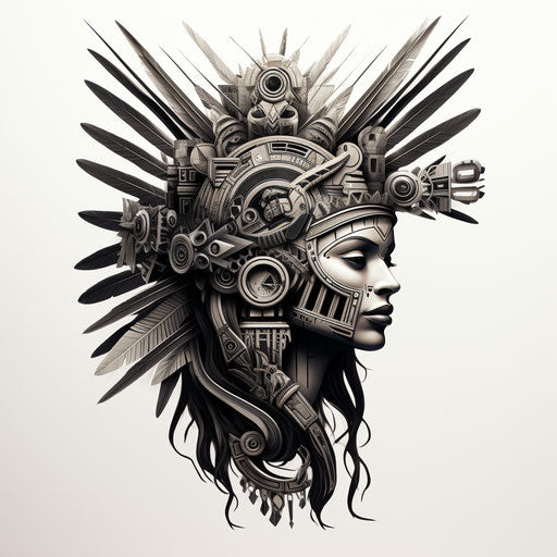 Black and white drawing of Aztec head dress