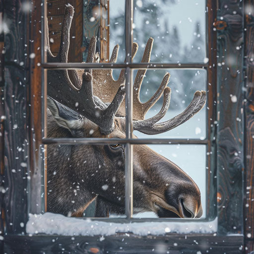 A moose peeking curiously into a cabin window in the winter