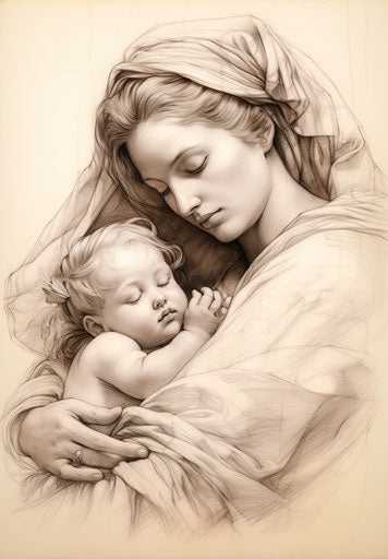 Mary holding baby in a small frame sketch
