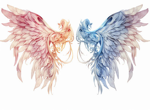 Blue and pink wings on white, intricate illustration style