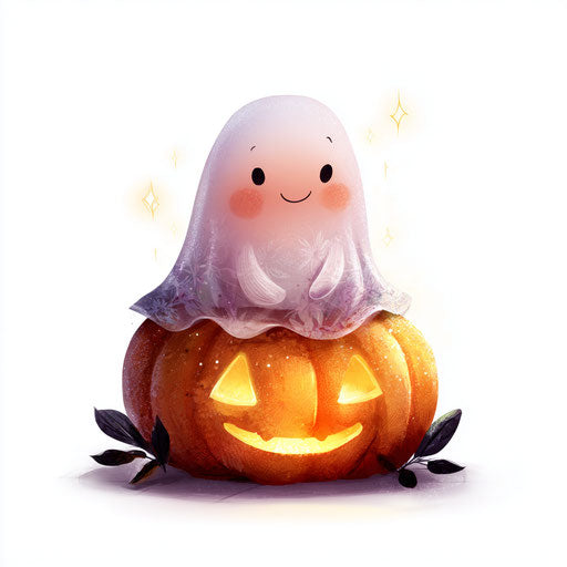 A friendly ghost sitting on a carved jack-o'-lantern