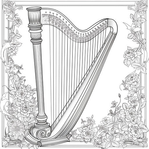Detailed illustration of a harp with elegant strings