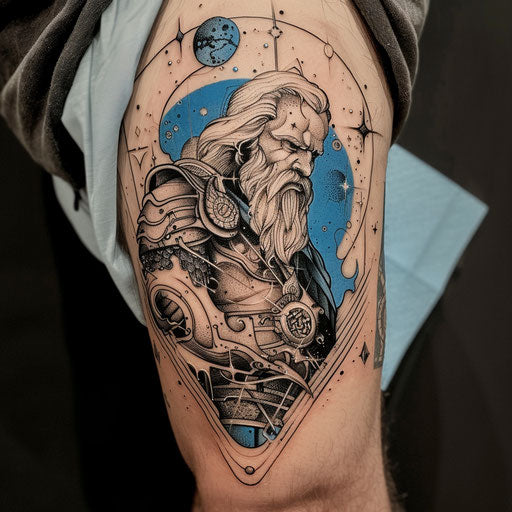 Elegant tattoo sketch of Baldur in heroic pose