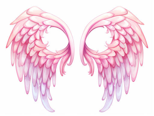 Two pink angel wings on white background, colorful Moebius style