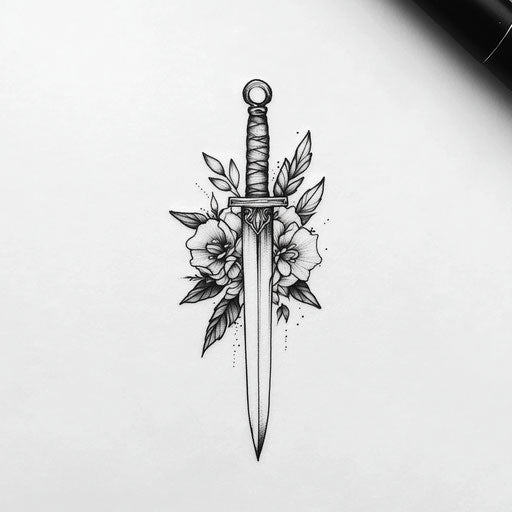 Neck tattoo with dagger and floral wrap on white background